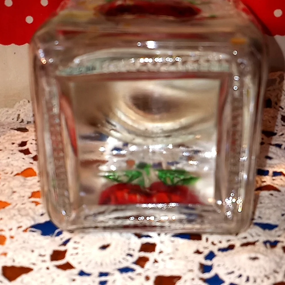 VINTAGE RETRO GLASS 4 SIDED HAND PAINTED DISTRESSED SQUARE APPLE SUGAR JAR